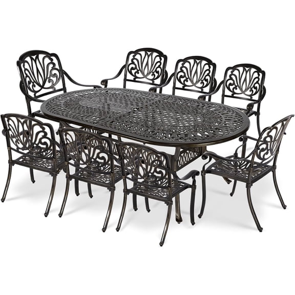 VIVIJASON 9-Piece Patio Furniture Dining Set, All-Weather Cast Aluminum Outdoor Conversation Set, Include 8 Chairs and an Oval Table with Umbrella Hole for Balcony Lawn Garden Backyard