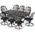 thumbnail image 1 of VIVIJASON 9-Piece Patio Furniture Dining Set, All-Weather Cast Aluminum Outdoor Conversation Set, Include 8 Swivel Dining Chairs and an Oval Table with Umbrella Hole, Navy Blue Cushion, 1 of 7