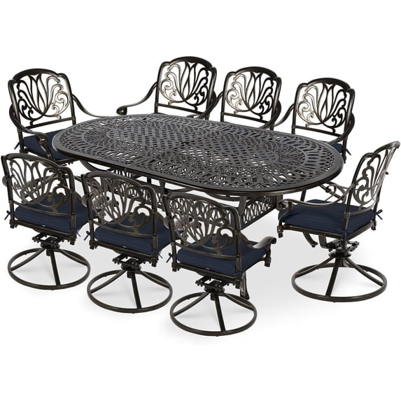 VIVIJASON 9-Piece Patio Furniture Dining Set, All-Weather Cast Aluminum Outdoor Conversation Set, Include 8 Swivel Dining Chairs and an Oval Table with Umbrella Hole, Navy Blue Cushion