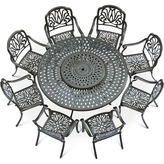 VIVIJASON 9-Piece Patio Furniture Dining Set, Cast Aluminum Rust-Free Outdoor Conversation Set, Include 61" Round Dining Table with 31" Lazy Susan & 8 Chairs, Umbrella Hole for Lawn Garden