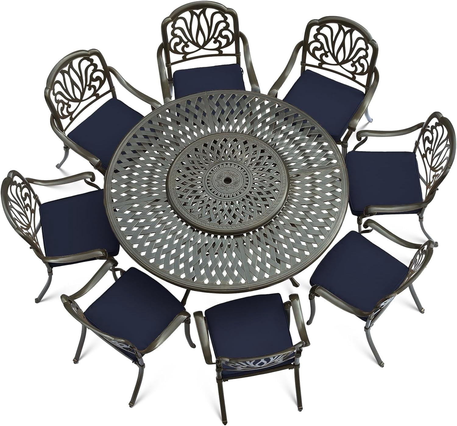 VIVIJASON 9-Piece Patio Furniture Dining Set, Cast Aluminum Rust-Free Outdoor Conversation Set, Include 61" Round Dining Table with 31" Lazy Susan & 8 Cushioned Chairs, Umbrella Hole, Navy Blue