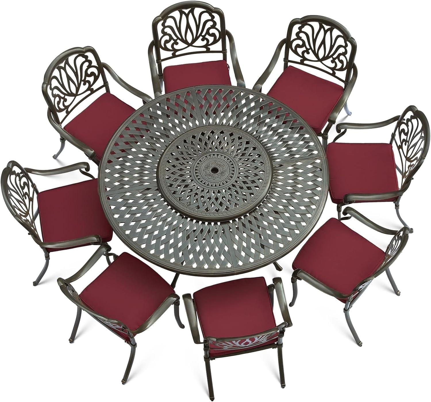 VIVIJASON 9-Piece Patio Furniture Dining Set, Cast Aluminum Rust-Free Outdoor Conversation Set, Include 61" Round Dining Table with 31" Lazy Susan & 8 Cushioned Chairs, Umbrella Hole, Red