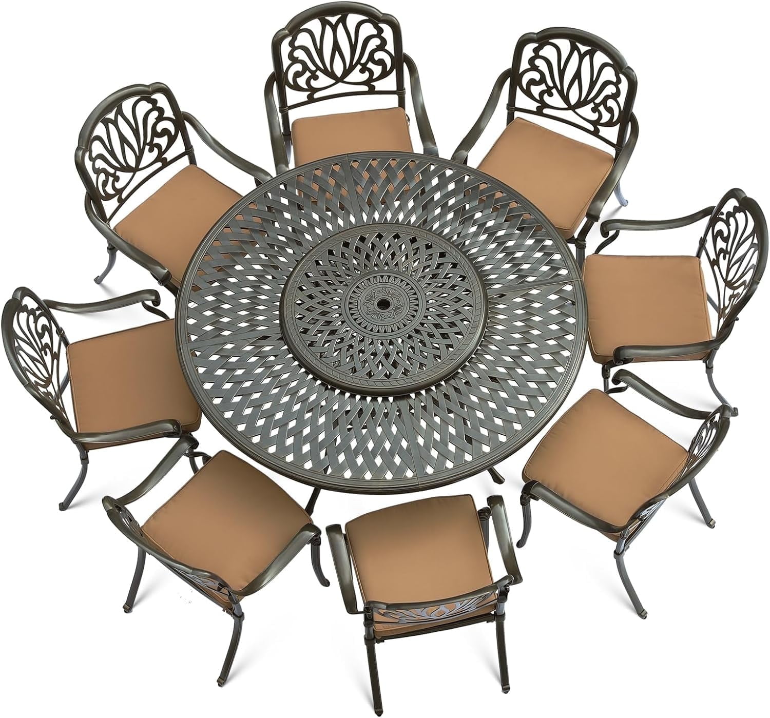 VIVIJASON 9-Piece Patio Furniture Dining Set, Cast Aluminum Rust-Free Outdoor Conversation Set, Include 61" Round Dining Table with 31" Lazy Susan & 8 Cushioned Chairs, Umbrella Hole, Khaki