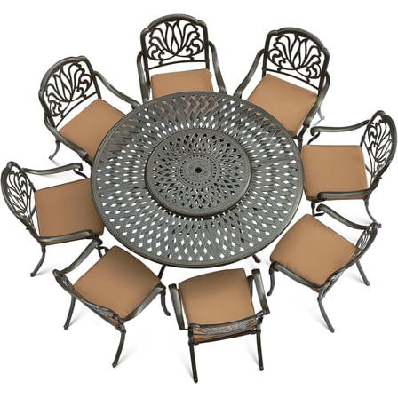 VIVIJASON 9-Piece Patio Furniture Dining Set, Cast Aluminum Rust-Free Outdoor Conversation Set, Include 61" Round Dining Table with 31" Lazy Susan & 8 Cushioned Chairs, Umbrella Hole, Khaki
