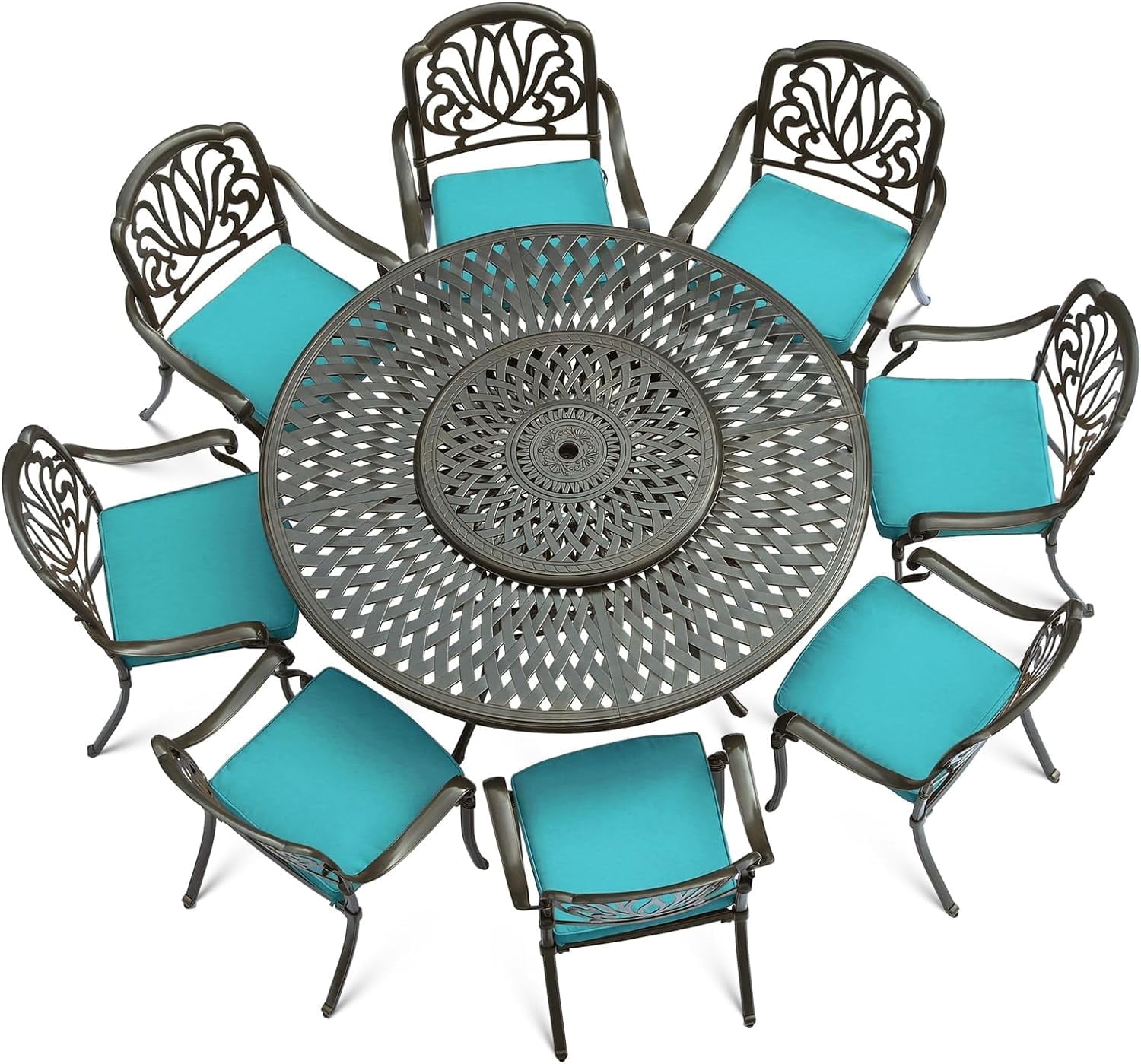 VIVIJASON 9-Piece Patio Furniture Dining Set, Cast Aluminum Rust-Free Outdoor Conversation Set, Include 61" Round Dining Table with 31" Lazy Susan & 8 Cushioned Chairs, Umbrella Hole, Ocean Blue