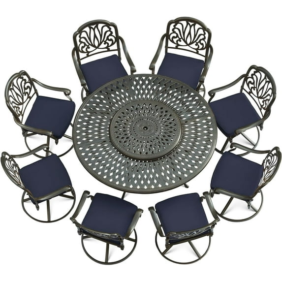 VIVIJASON 9-Piece Patio Furniture Dining Set, Rust-Free Cast Aluminum Outdoor Conversation Set, Include 8 Swivel Dining Chairs & 61" Round Dining Table with 31" Lazy Susan, Umbrella Hole, Navy Blue