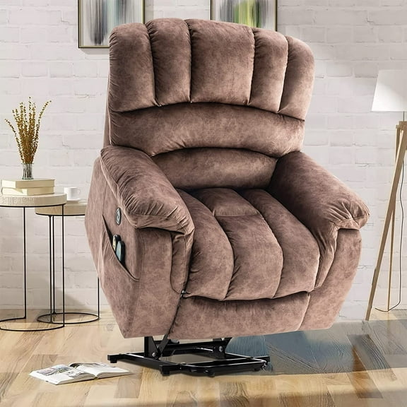 VIVIJASON Heavy Duty and Safety Motion Overstuffed Recliners with Heat & Massage for Elderly People, Large Electric Power Lift Recliner Chair with 2 Remote Controls, Side Pockets & USB Ports, Brown