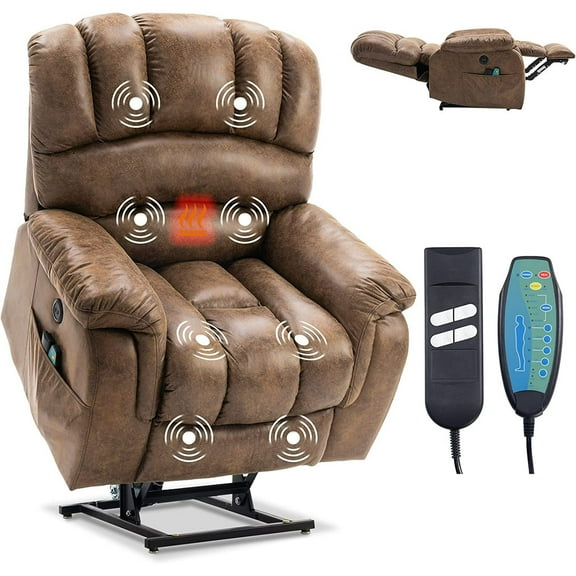 VIVIJASON Large Lay Flat Sleeping Dual Motor Lift Chair Recliners with 2 Remote Controls, Side Pockets & USB Ports, Infinite Position Electric Power Recliner with Heat & Massage for Elderly, Brown
