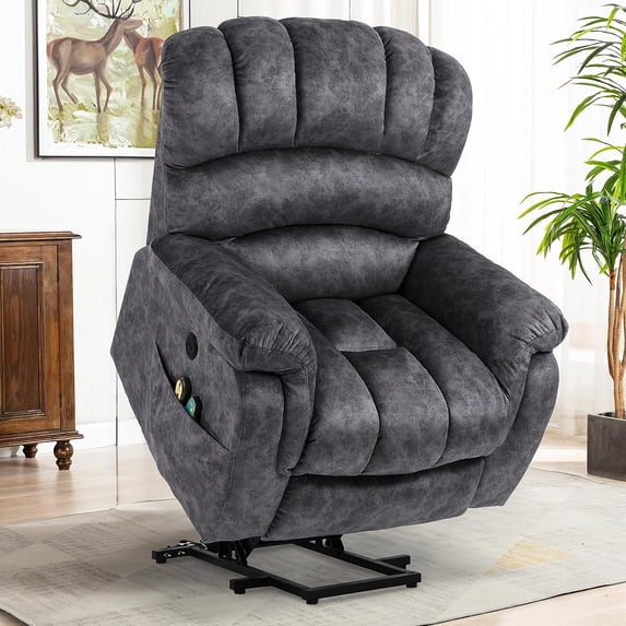 VIVIJASON Large Power Lift Recliner Chair with Heat & Massage for Elderly Big People, Overstuffed Wide Electric Lift Chair with Extended Footrest, 2 Remote Controls, Side Pockets & USB Ports, Gray