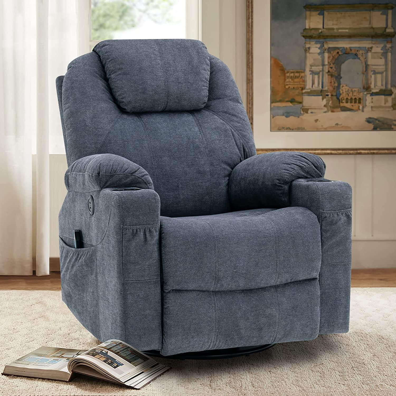 VIVIJASON Manual Massage Rocker Recliner Chair, 360° Swivel Glider Lounge Chair with Heat Ergonomic Home Theater Recliner Sofa with 2 Cup Holders, Side Pockets & USB Ports for Living Room, Bluish Grey