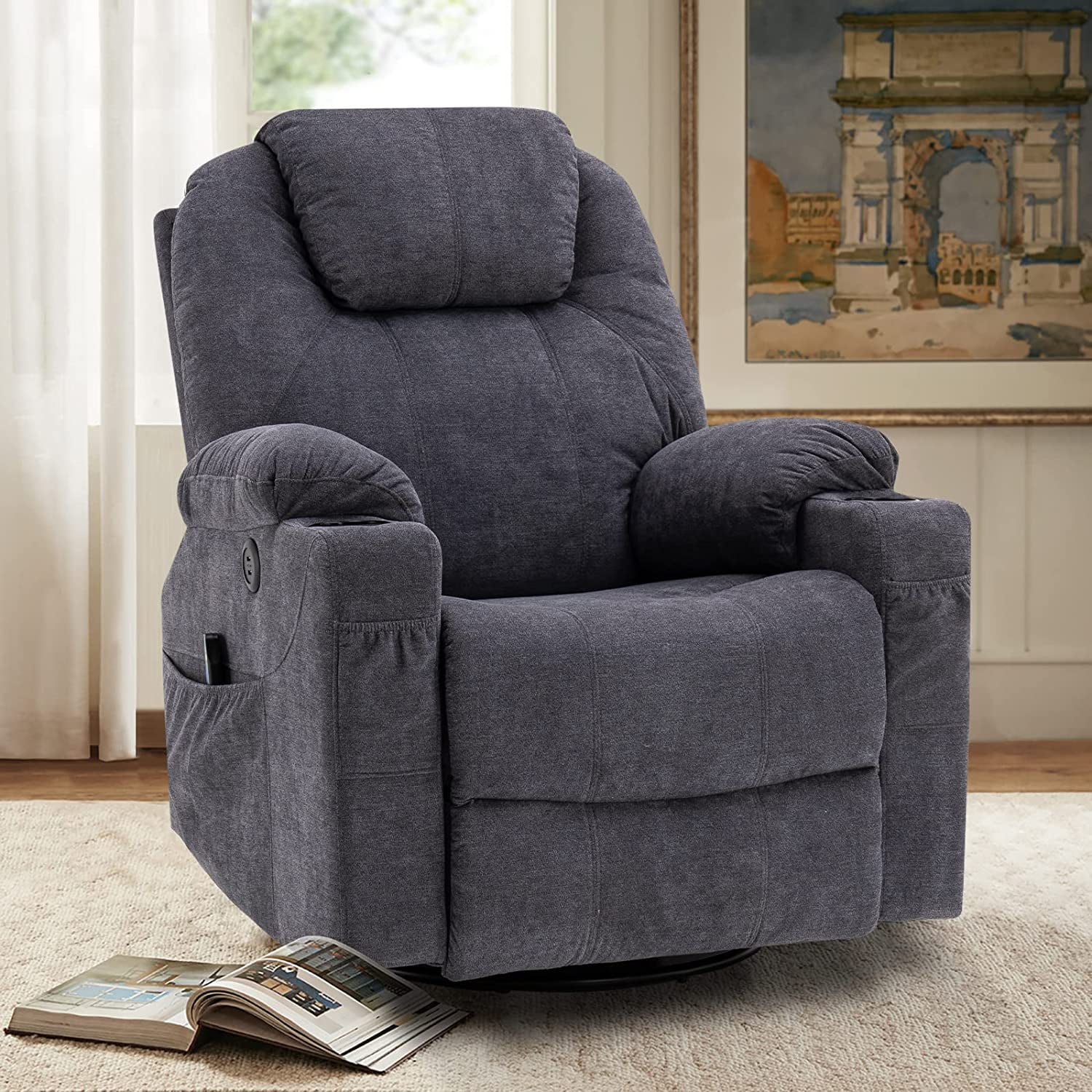 VIVIJASON Manual Massage Rocker Recliner Chair, 360° Swivel Glider Lounge Chair with Heat Ergonomic Home Theater Recliner Sofa with 2 Cup Holders, Side Pockets & USB Ports for Living Room, Grey