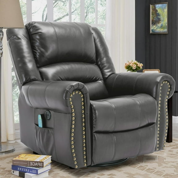 VIVIJASON Massage Swivel Rocker Recliner Chair with Heat & Vibration, 360° Swivel Manual Glider Rocking Reclining Chair with 2 Remote Controls, Side Pockets & USB Ports for Living Room, Gray