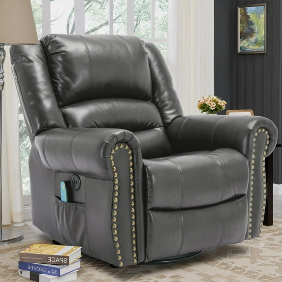 VIVIJASON Massage Swivel Rocker Recliner Chair with Heat & Vibration, 360° Swivel Manual Glider Rocking Reclining Chair with 2 Remote Controls, Side Pockets & USB Ports for Living Room, Gray