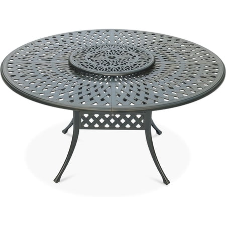 VIVIJASON Outdoor 61" Patio Dining Table for 6-8 Person, Large Patio Round Dining Table with 24" Lazy Susan, Dark Bronze Cast Aluminum Rustic Patio Table W/Umbrella Hole for Balcony, Porch and Deck