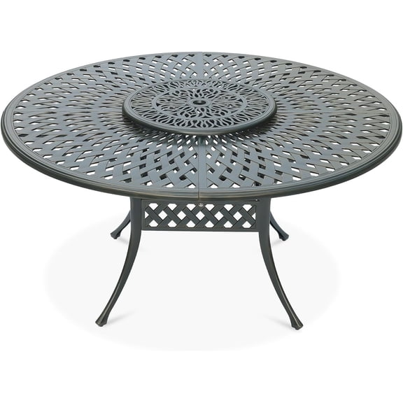 VIVIJASON Outdoor 61" Patio Dining Table for 6-8 Person, Large Patio Round Dining Table with 24" Lazy Susan, Dark Bronze Cast Aluminum Rustic Patio Table W/Umbrella Hole for Balcony, Porch and Deck