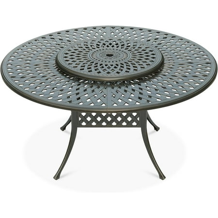VIVIJASON Outdoor 61" Patio Dining Table for 6-8 Person, Large Patio Round Dining Table with Lazy Susan, Dark Bronze Cast Aluminum Rustic Patio Table with 2" Umbrella Hole for Balcony, Porch and Deck
