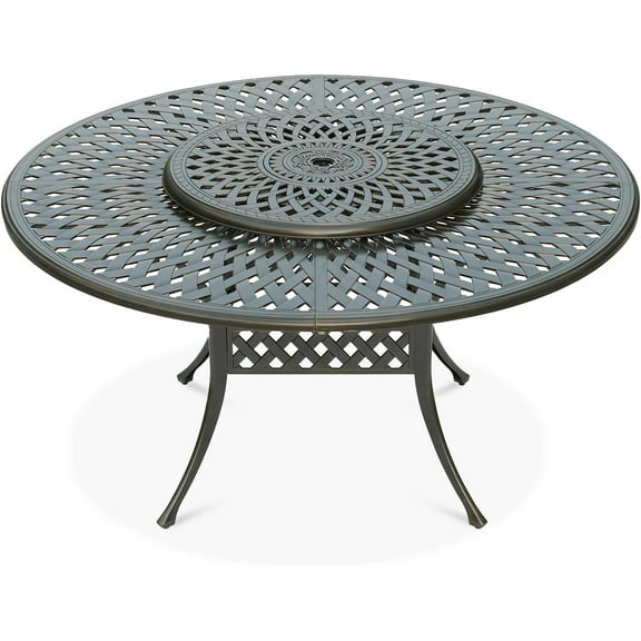 VIVIJASON Outdoor 61" Patio Dining Table for 6-8 Person, Large Patio Round Dining Table with Lazy Susan, Dark Bronze Cast Aluminum Rustic Patio Table with 2" Umbrella Hole for Balcony, Porch and Deck