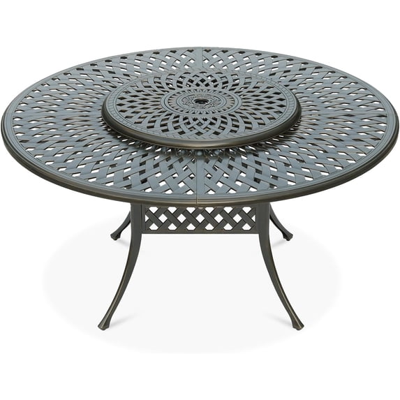 VIVIJASON Outdoor 61" Patio Dining Table for 6-8 Person, Large Patio Round Dining Table with Lazy Susan, Dark Bronze Cast Aluminum Rustic Patio Table with 2" Umbrella Hole for Balcony, Porch and Deck