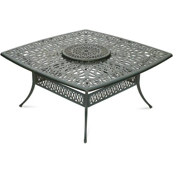 VIVIJASON Outdoor 64" Patio Dining Table for 8 Person, Large Patio Square Dining Table with 24" Lazy Susan, Dark Bronze Cast Aluminum Rustic Patio Table W/Umbrella Hole for Balcony, Porch and Deck