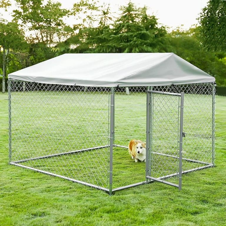 VIVIJASON Outdoor Dog Enclosure with Roof, Galvanized Chain Link