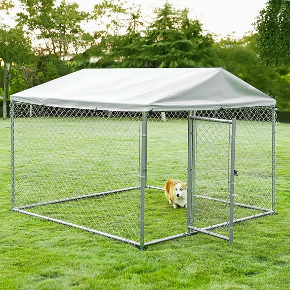 VIVIJASON Outdoor Large Dog Kennel Heavy Duty Fence Dog Cage with Galvanized Chain Link, Outside Pen Playpen Dog Run House with UV & Waterproof Cover and Secure Lock for Backyard