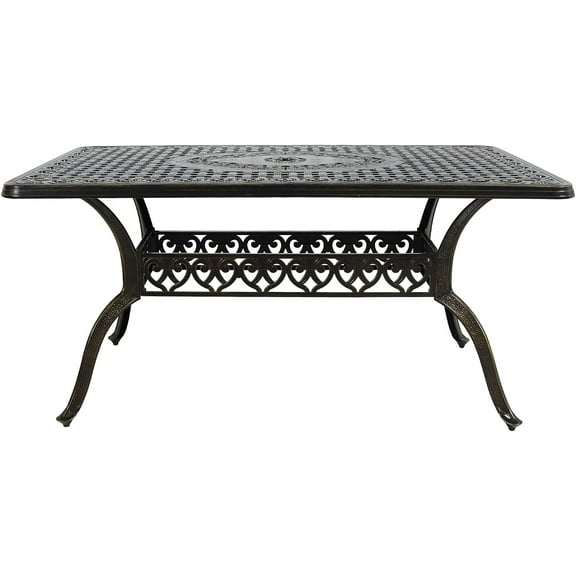 VIVIJASON Outdoor Patio Dining Rectangle Table Bronze Cast Aluminum Rustic Large Patio Table with Umbrella Hole