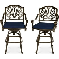 VIVIJASON Outdoor Swivel Bar Stools Set of 2, All-Weather Cast Aluminum Bar Height Bistro Chairs with Footrest, High Back and Armrest, High Top Patio Bar Chairs with Cushion for Poolside Backyard