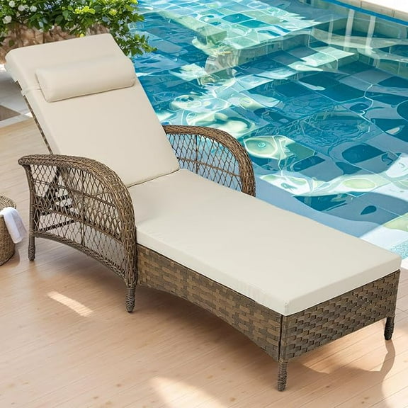 VIVIJASON Outdoor Wicker Chaise Lounge Chair with Cushion, PE Rattan Patio Lounge Chair 77" Long, 6-Positions Adjustable Pool Reclining Sunbathing Chair with Armrest & Head Pillow for Poolside, Beige