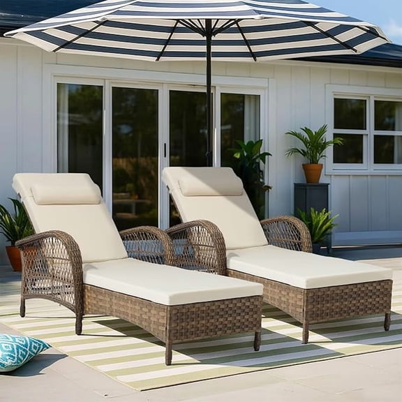 VIVIJASON Set of 2 Outdoor Wicker Chaise Lounge Chair, 77" Long PE Rattan Patio Lounge Chairs, 6 Position Adjustable Pool Reclining Sunbathing Chair with Armrest, Cushion & Head Pillow, Beige