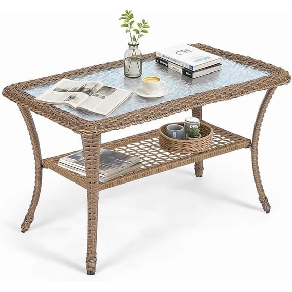 VIVIJASON Outdoor Wicker Coffee Table, All-Weather Rattan Patio Coffee Table with 2-Tier Storage, Tempered Glass Top Rectangle Center Table for Deck, Garden, Balcony, Porch, Indoor or Outdoor Use