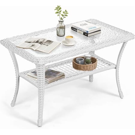 VIVIJASON Outdoor Wicker Coffee Table, All-Weather Rattan Patio Coffee Table with 2-Tier Storage, Tempered Glass Top Rectangle Center Table for Deck, Garden, Balcony, Porch, Indoor or Outdoor Use