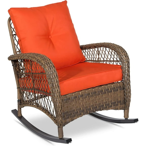 VIVIJASON Outdoor Wicker Rattan Rocking Chair with Cushions, Orange