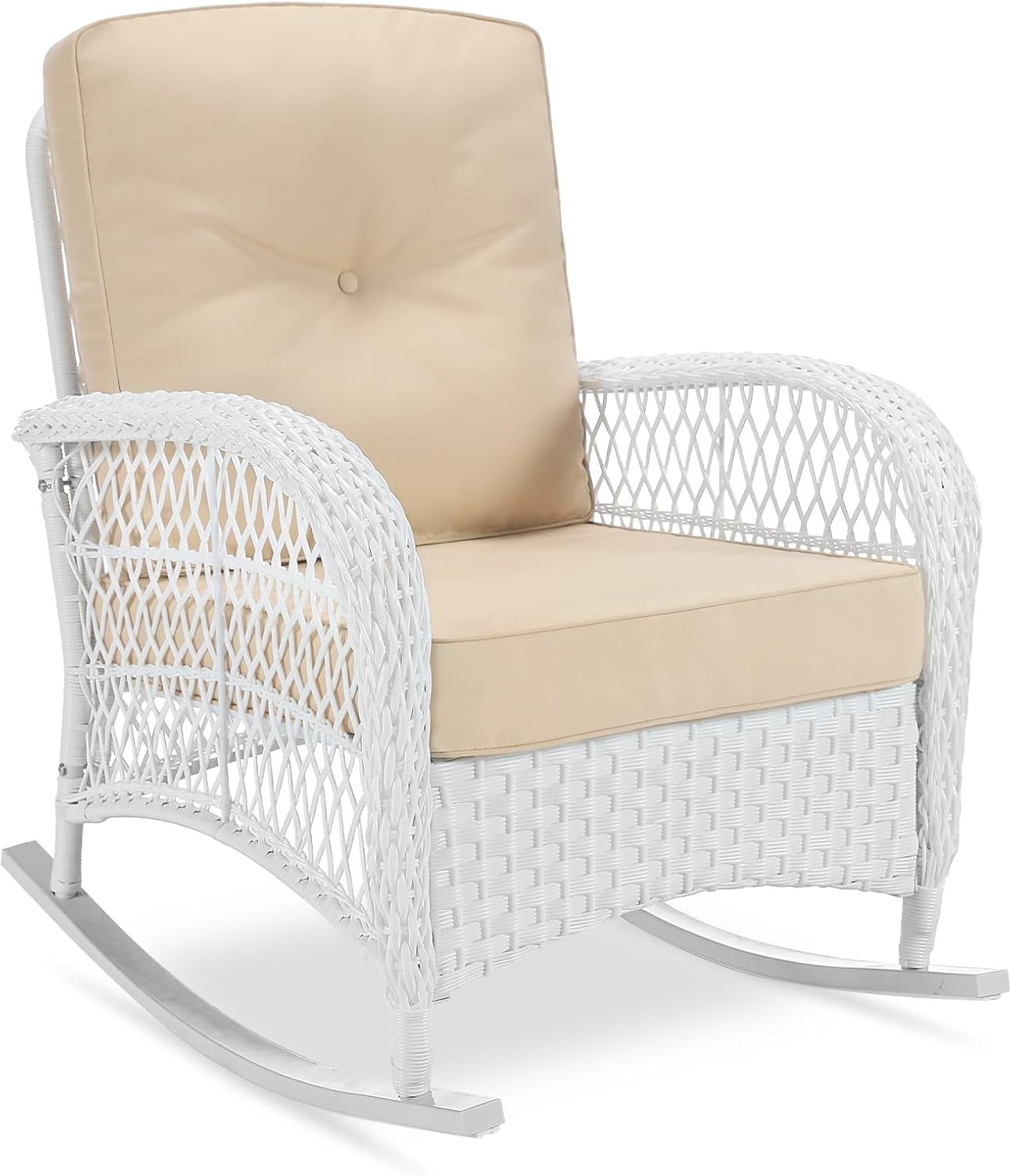 VIVIJASON Outdoor Wicker Rocking Chair Patio Rattan Rocker Chair with Cushions Steel Frame All Weather Rocking Lawn Wicker Furniture for Garden