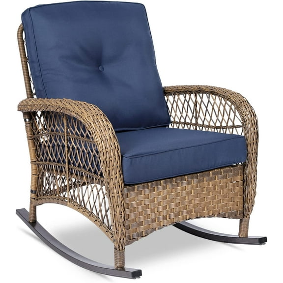 VIVIJASON Outdoor Wicker Rocking Chair, Patio Rattan Rocker Chair with Cushions & Steel Frame, All-Weather Rocking Lawn Wicker Furniture for Garden Backyard Porch (Navy Blue)