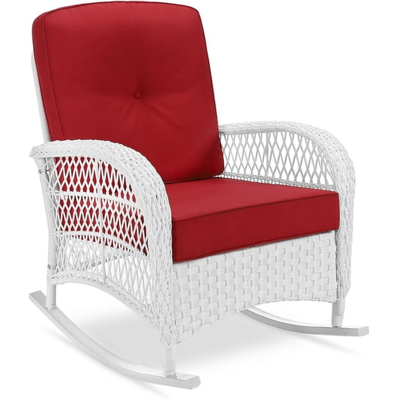 VIVIJASON Outdoor Wicker Rocking Chair, Patio Rattan Rocker Chair with Cushions & Steel Frame, All-Weather Rocking Lawn Wicker Furniture for Garden Backyard Porch (White Wicker/Red)