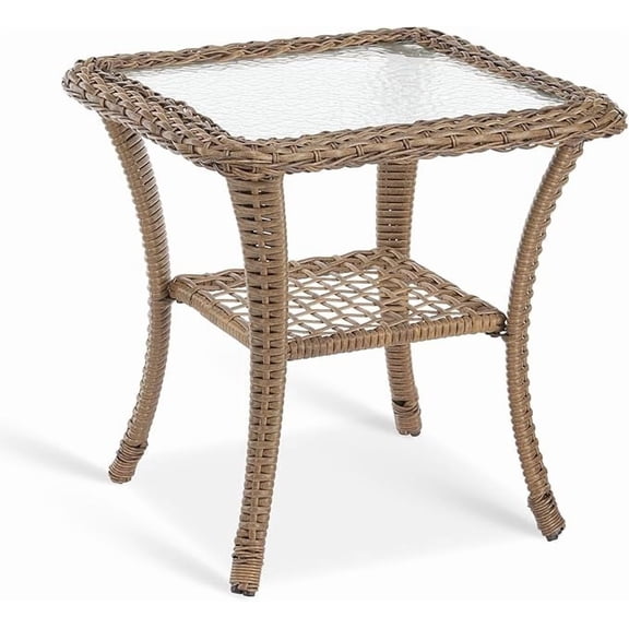 VIVIJASON Outdoor Wicker Side Table, All-Weather Rattan Patio Side Table Bistro Table with 2-Tier Storage, Tempered Glass Top Square End Table for Indoor, Balcony, Garden, Porch, Deck, Brown