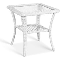 VIVIJASON Outdoor Wicker Side Table, All-Weather Rattan Patio Side Table Bistro Table with 2-Tier, Tempered Glass Top Square End Table for Indoor, Balcony, Garden, Porch, Deck, White
