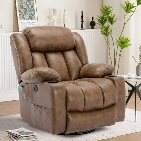 VIVIJASON Swivel Rocker Recliner Chair with Heat & Vibration, Manual 360° Swivel Glider Overstuffed Reclining Chair with 2 Cup Holders, Side Pockets & USB Ports for Living Room, Brown