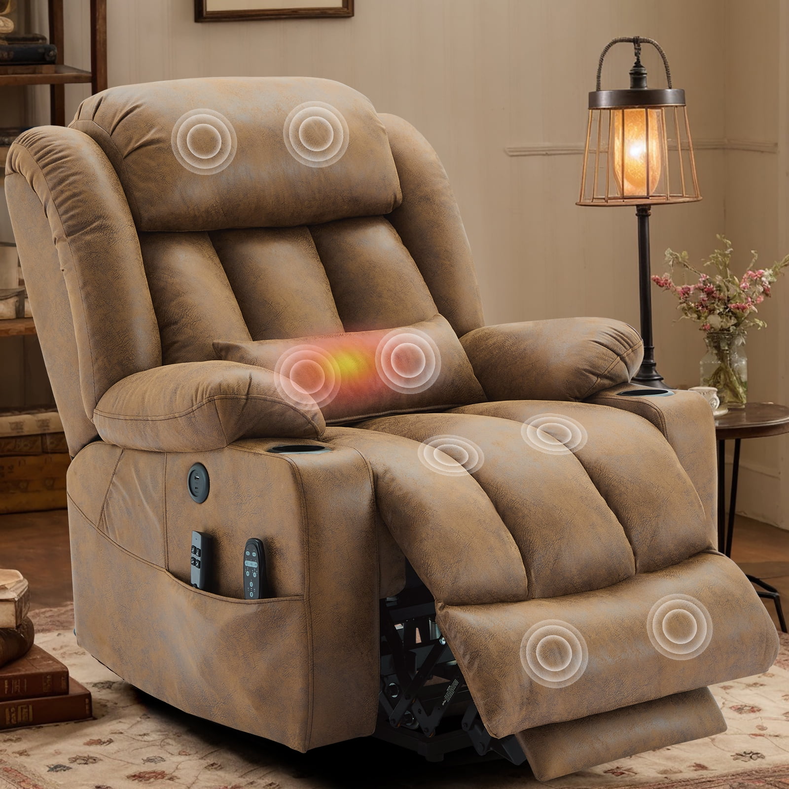 VIVIJASON Tall Man Dual Motor Power Lift Recliner, Oversized Lay-Flat Sleeper with Extended Footrest, Heat, Massage, Lumbar Pillow & USB/Type-C, Brown