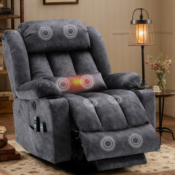 VIVIJASON Tall Man Dual Motor Power Lift Recliner, Oversized Lay-Flat Sleeper with Extended Footrest, Heat, Massage, Lumbar Pillow & USB/Type-C, Plush Grey