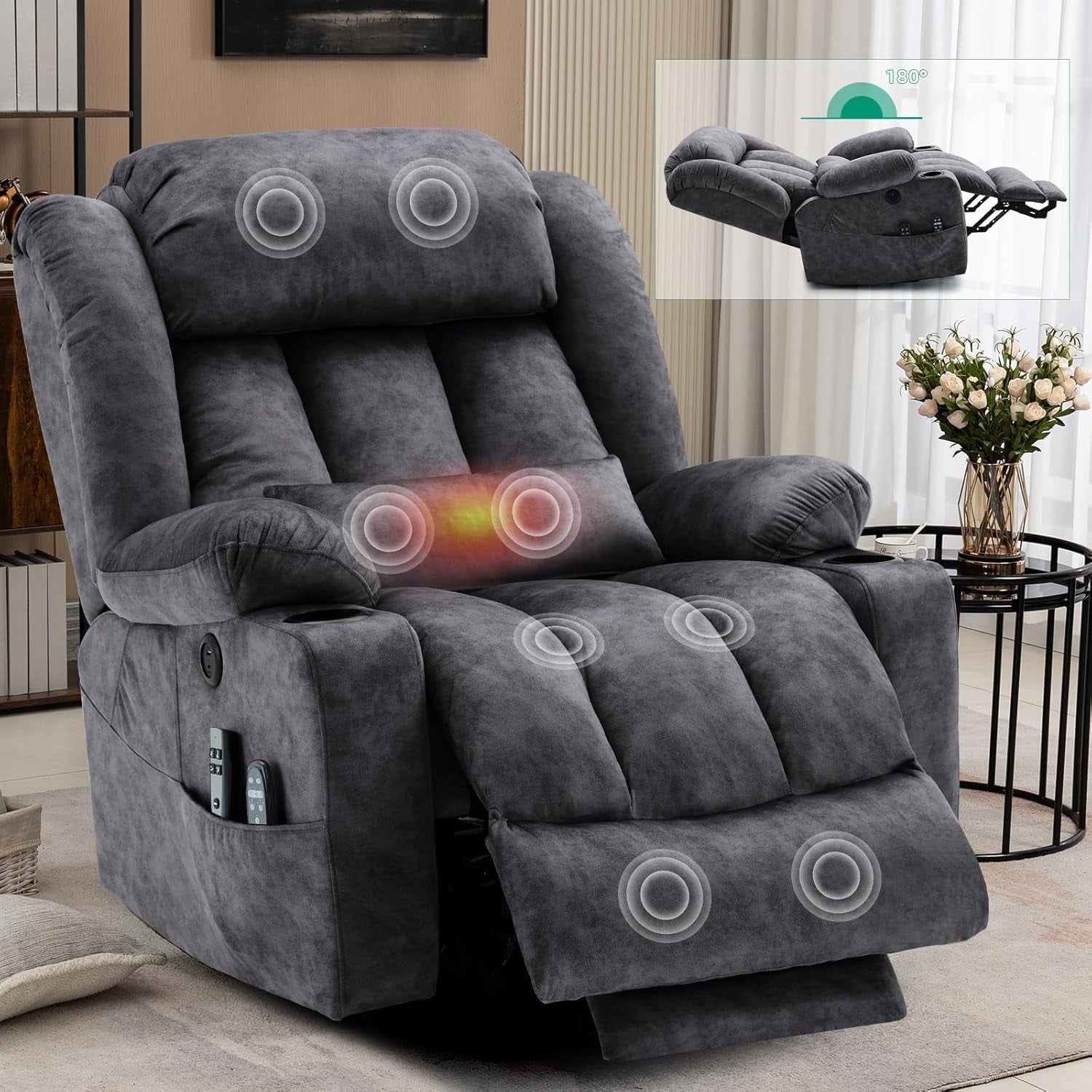 VIVIJASON Tall Man Large Dual Motor Power Lift Recliner Chair with Extended Footrest, Oversized Lay Flat Sleeper Electric Recliner W/Heat & Massage, Lumbar Pillow, USB & Type-C Ports, Plush Gray