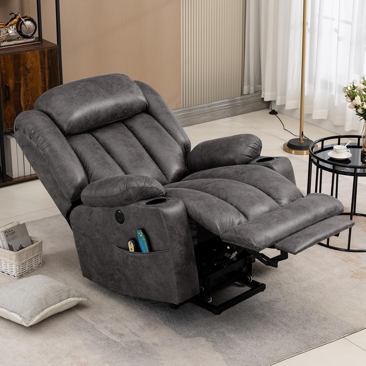 VIVIJASON Tall Man Large Power Lift Recliner Chair with Heat and Massage for Elderly, Overstuffed Wide Electric Lift Recliner with 2 Cup Holder, Extended Footrest, Side Pockets & USB Ports (Grey)