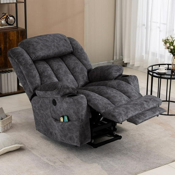 VIVIJASON Tall Man Large Power Lift Recliner Chair with Heat and Massage for Elderly, Overstuffed Wide Electric Lift Recliner w/Extended Footrest, 2 Cup Holder, USB Ports & Side Pockets, Fabric Grey