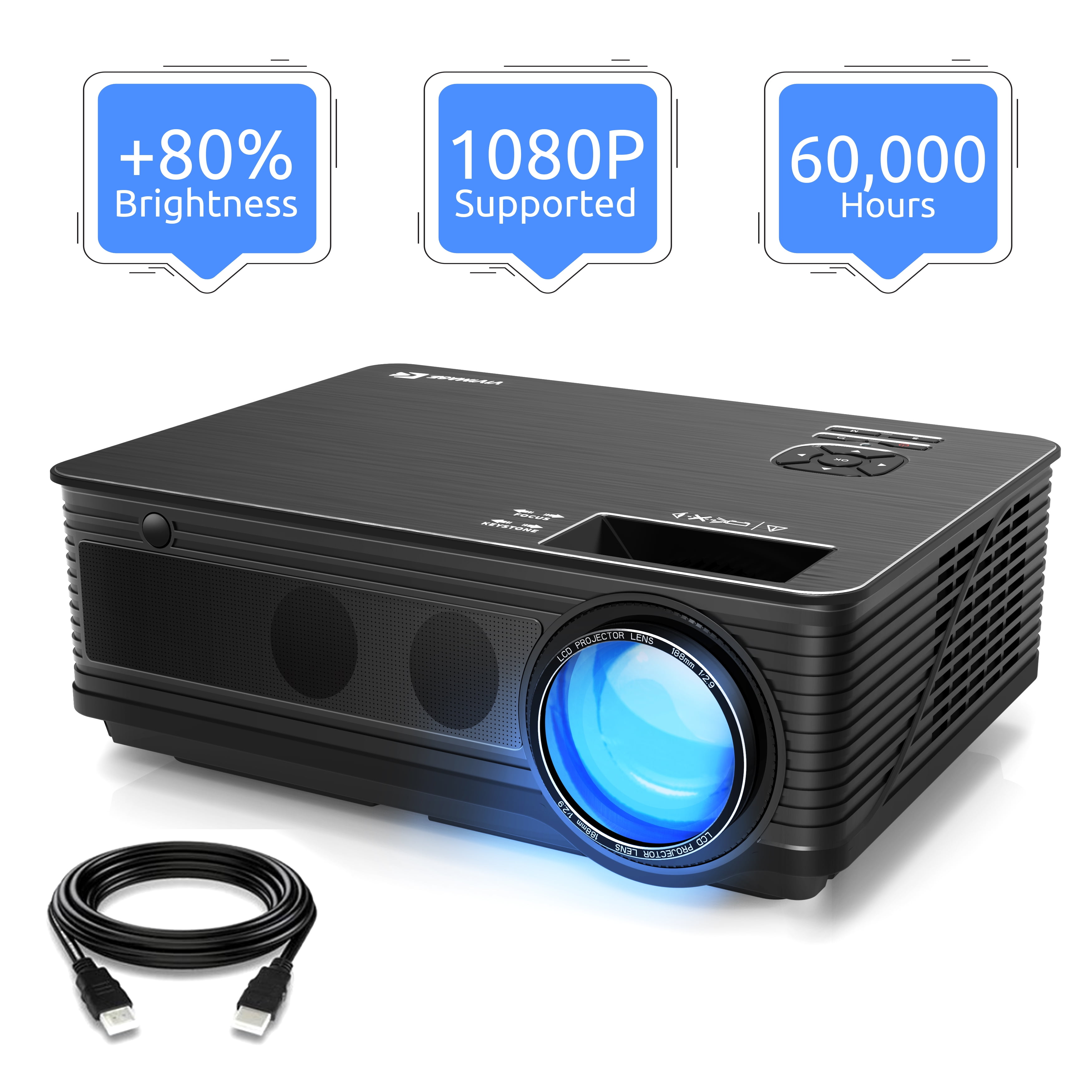 VIVIMAGE Cinemoon C580 Projector 1080P Supported, High Brightness Video  Projector with 200 Projection Size Includes HDMI Cable