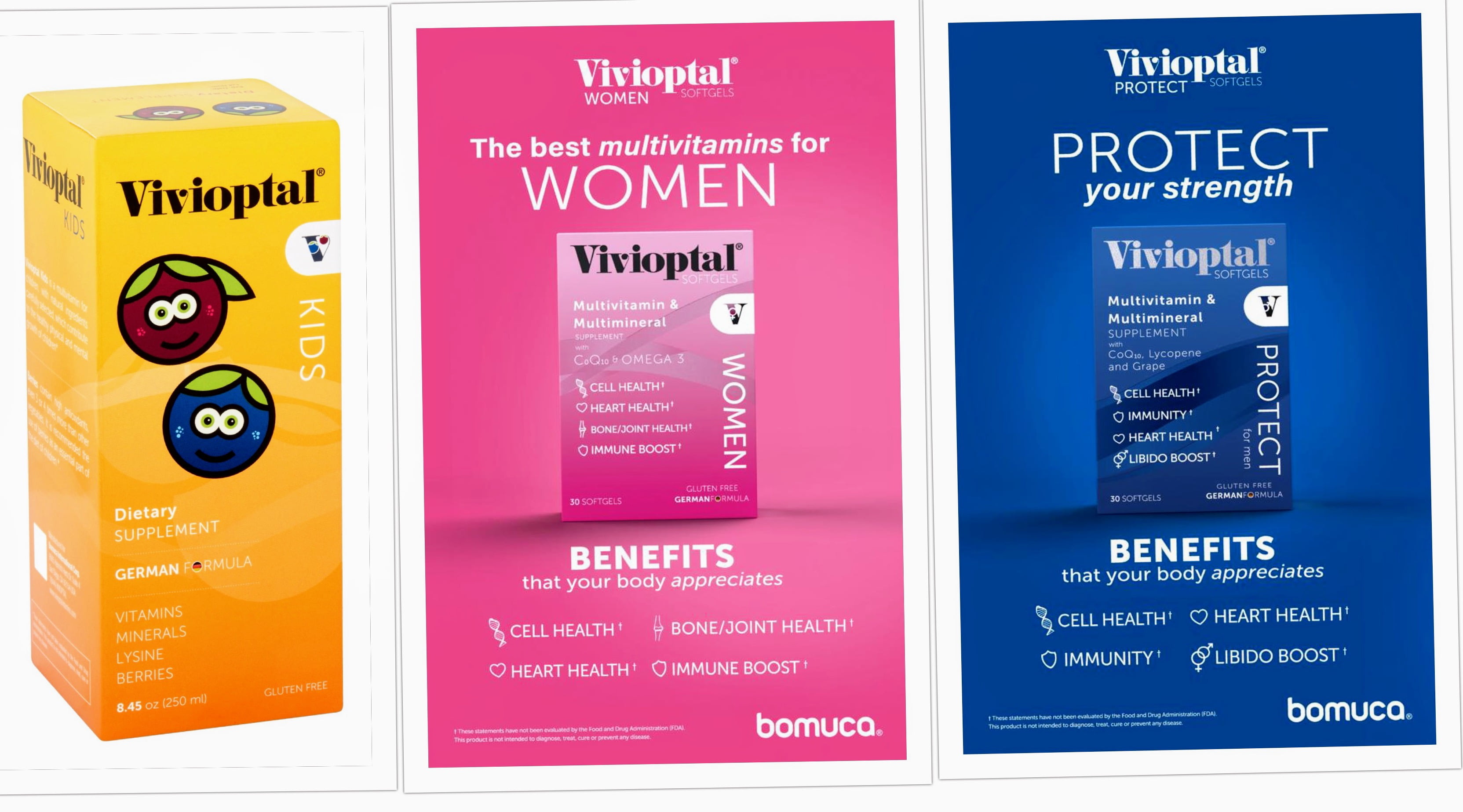 Vivioptal Multivitamins Kids W Berries 250ml + Vivioptal Protect for Men 30 ct + Vivioptal Women 30 Capsules Multivitamin and Multimineral Supplement with CoQ10 & Omega 3 Family Pack!