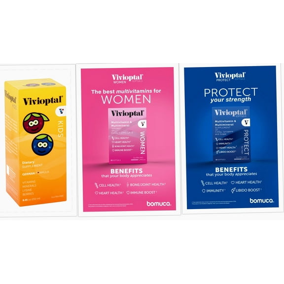 VIVIOPTAL FAMILY PACK! Multivitamins Kids W Berries 250ml + Vivioptal Protect for Men 30 ct + Vivioptal Women 30 Capsules Multivitamin & Multimineral Supplement - CoQ10 & Omega 3