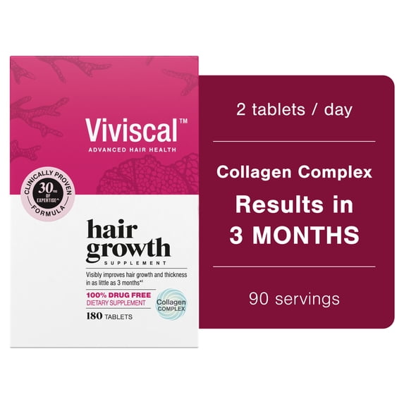 Viviscal Hair Growth Supplements for Women, Thicker Fuller Hair Support for Thinning Hair and Hair Loss, with Biotin, Drug-Free, 180 Tablets, 90-Day Supply