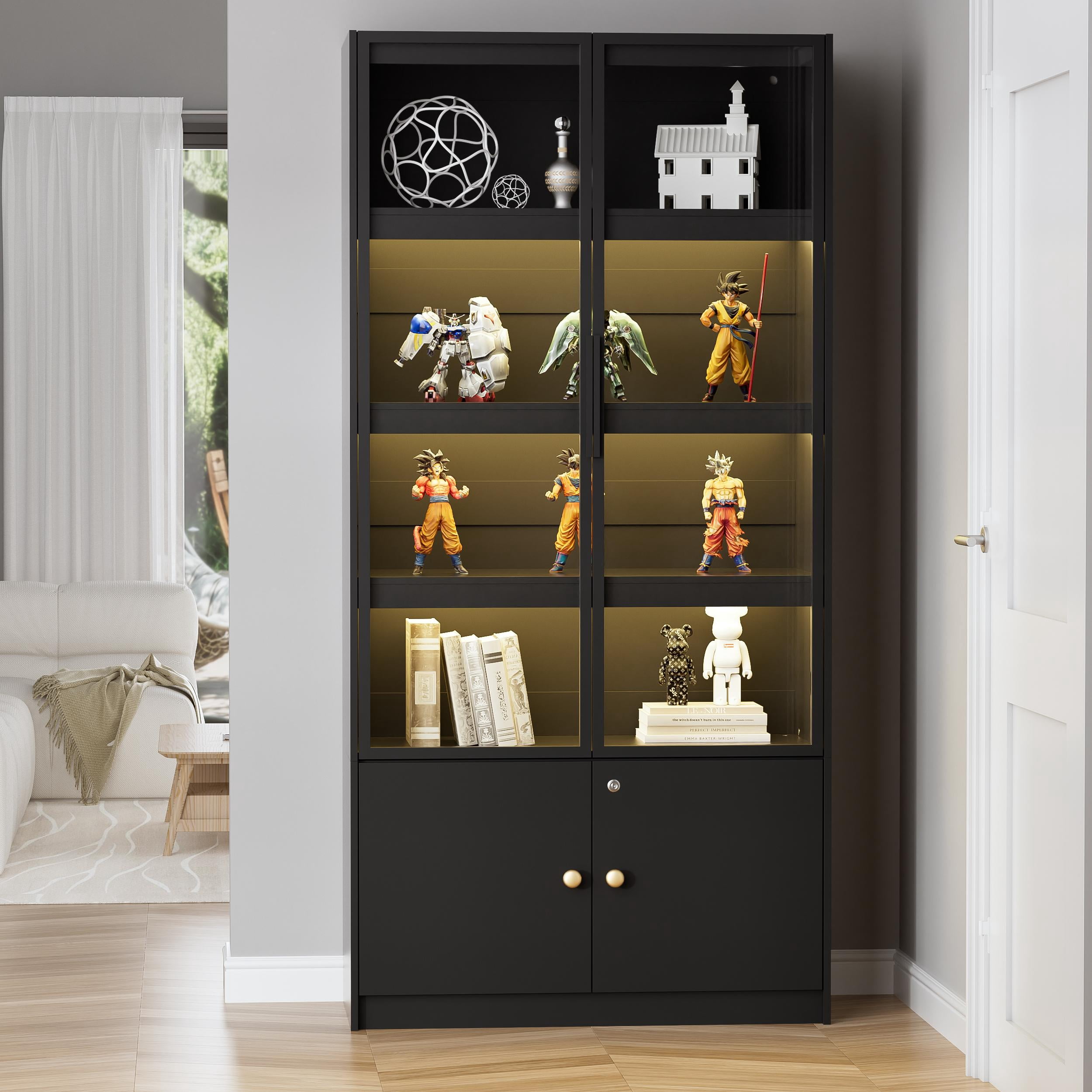 VIVISPECIAL 5-layer storage cabinet, Glass Curio Display Cabinet with 3-color lighting, lockable cabinet for collections, toys, books, storage cabinet, suitable for playroom, bedroom, living room