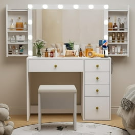 Veanerwood Large Makeup Vanity Set with Lights, White Bedroom Makeup Vanity  Table with Storage, 3 Adjustable Lighting Colors, Modern, 45.2in