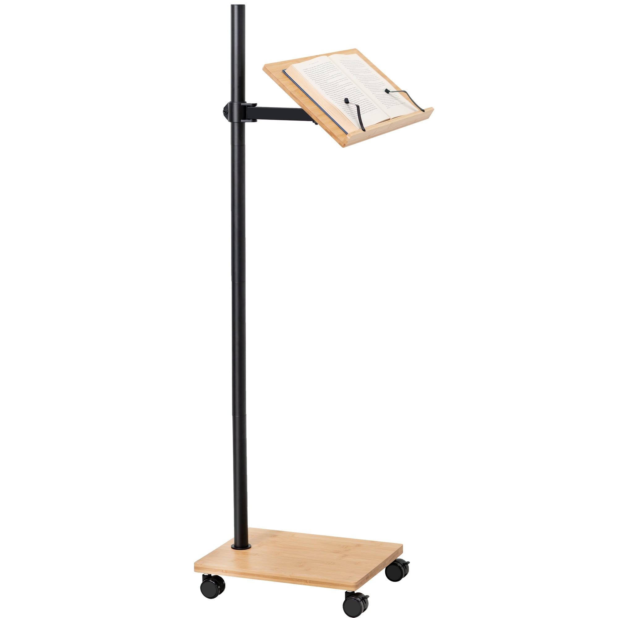 Adjustable Bamboo and Black Steel Rolling Book Stand